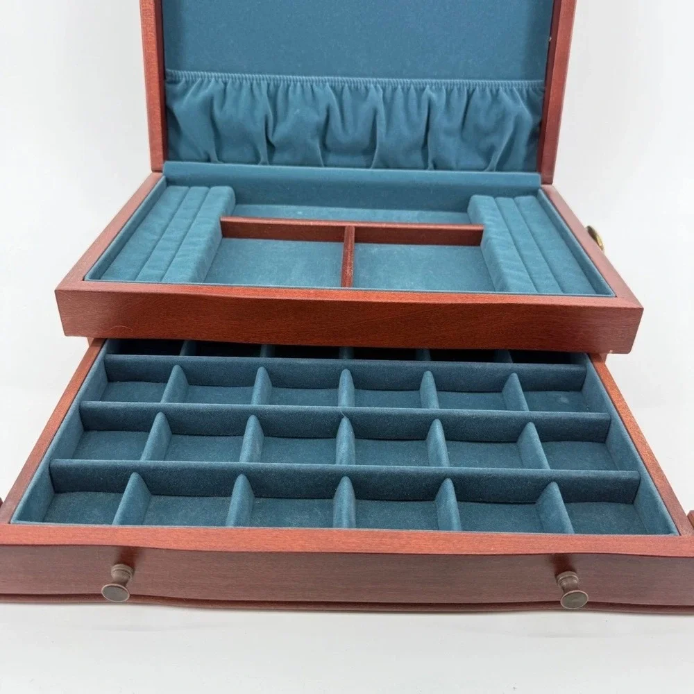 Eureka Jewelry Box Women OS 24-Slot Drawer Wood Mahogany Teal 1997 USA Made